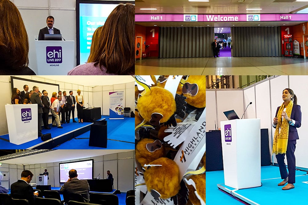 EHI Live 2017, from top left: the entrance hall, Fatima Paruk from Allscripts, Highland Marketing mini-cows, Will Smart from NHS England, the EHI Awards winners, Rob Shaw from NHS Digital.