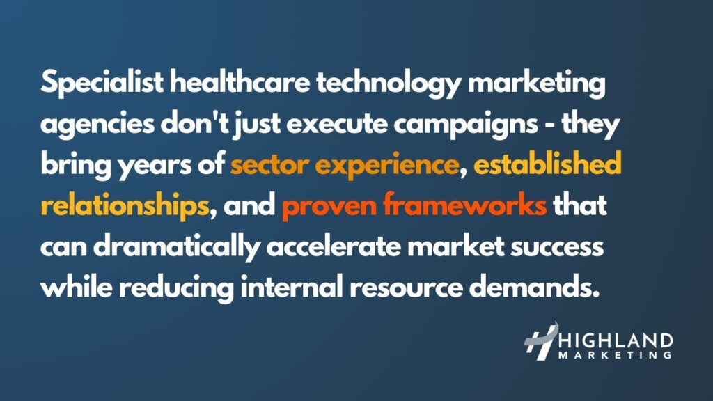 Specialist healthcare technology marketing agencies don't just execute campaigns - they bring years of sector experience, established relationships, and proven frameworks that can dramatically accelerate market success while reducing internal resource demands.